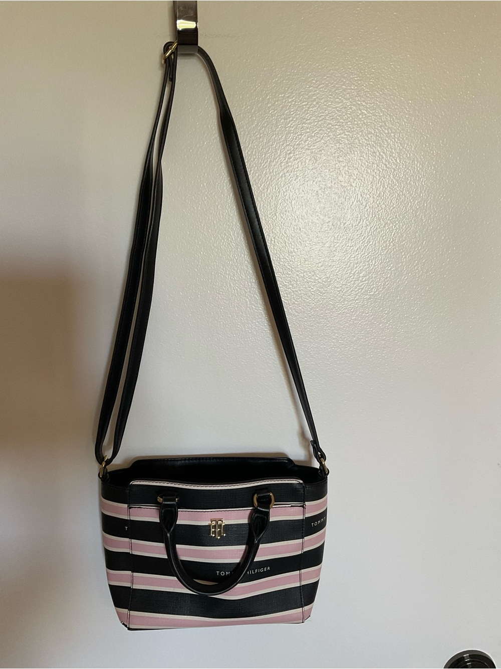 Tommy Hilfiger Black Pink and White Striped Crossbody Tote